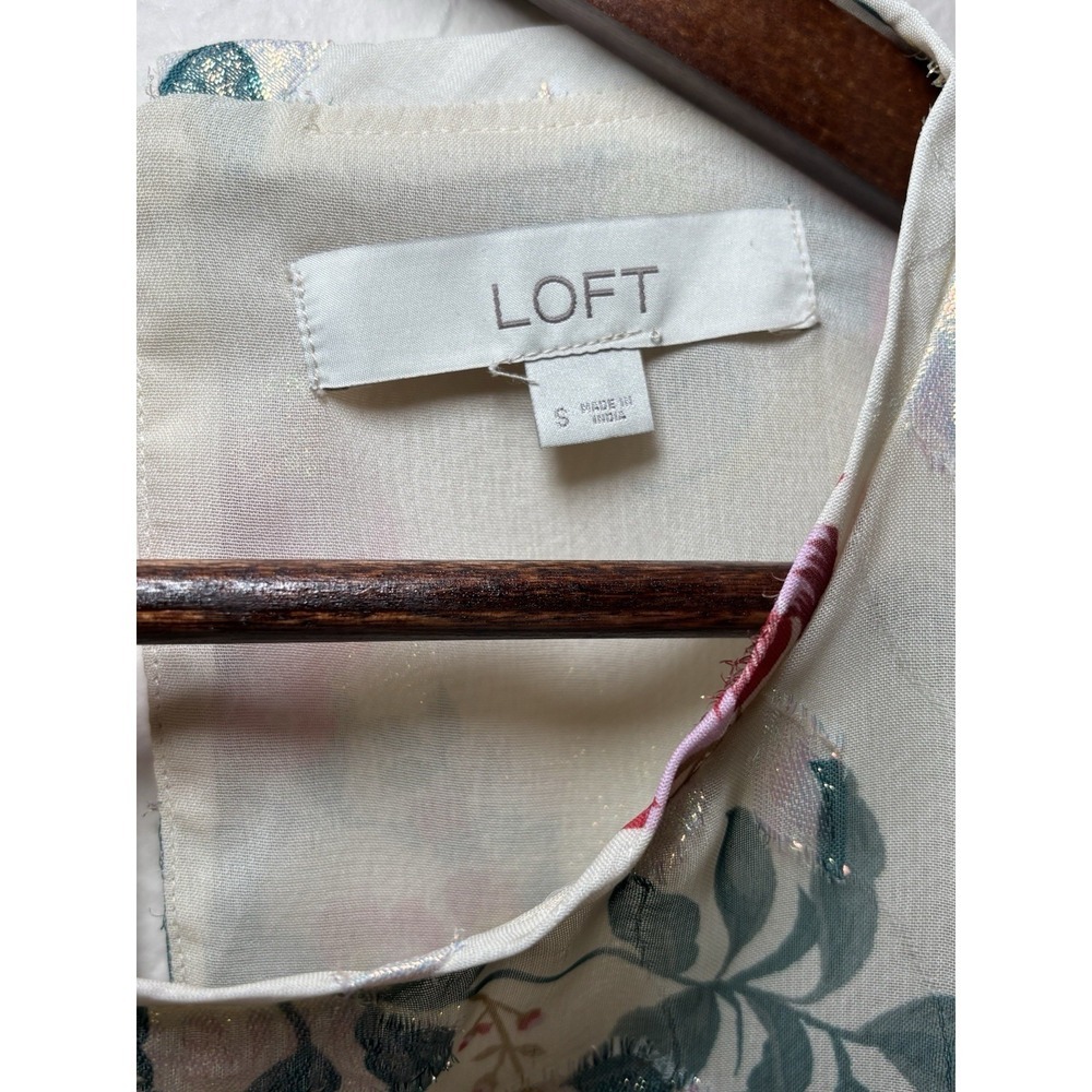 LOFT Floral Sheer Metallic Blouse Small Ivory Pink Long Sleeve - Picture 5 of 9